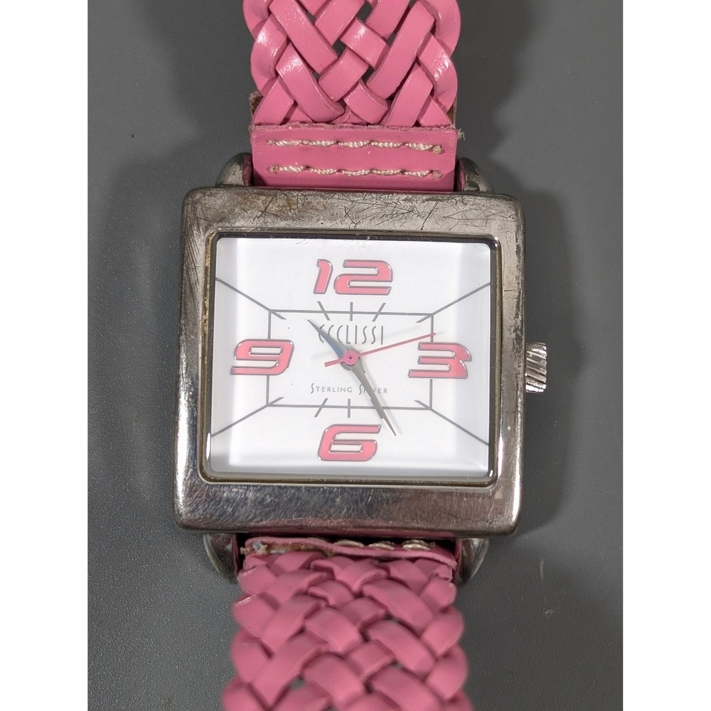 Ecclissi Sterling Silver Watch Pink Woven Leather Band Working Fits 8" Wrist‎